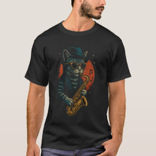 Retro Cat Playing Saxophone For Jazz Music Lovers T-Shirt
