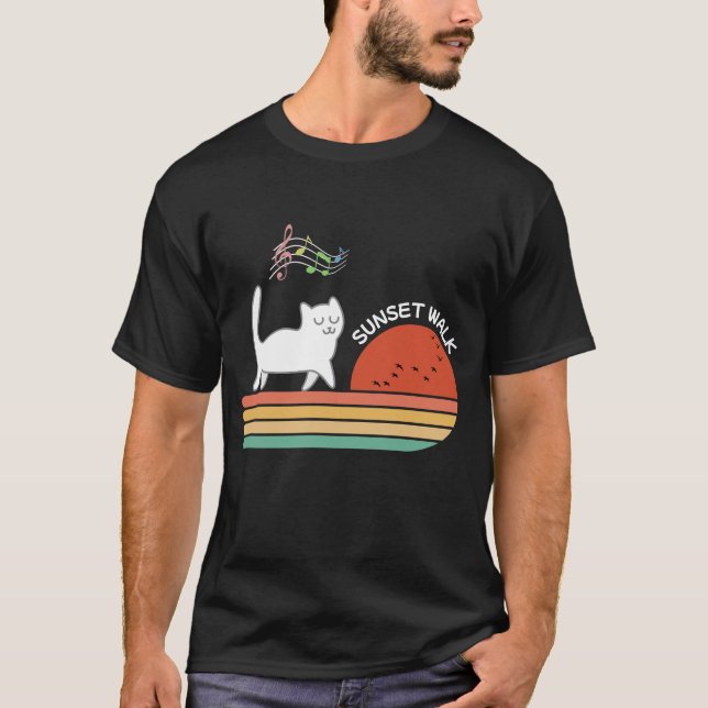 Retro Cat Sunset Walk T-Shirt – Music, Vintage (Front)