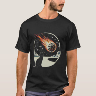 Retro Cat Watching Meteor Space funny Cat Asteroid T-Shirt