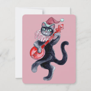 Retro Cat Watercolor Illustration Holiday Card 