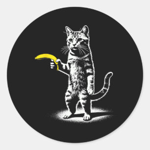 Retro Cat With Banana Meme Men Women Kids Novelty Classic Round Sticker