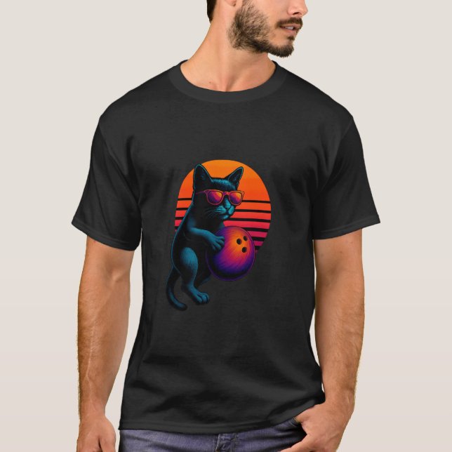 Retro Cat With Bowling Ball Bowling Player T-Shirt (Front)