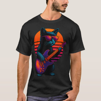 Retro Cat With Electric Guitar Rock Playing T-Shirt