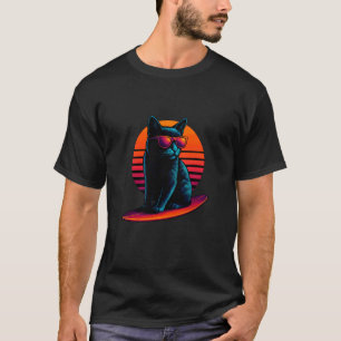 Retro Cat With Longboard Wavy Surf Surfer T-Shirt