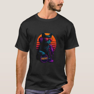 Retro Cat With Microphone Podcast Setup Podcaster T-Shirt