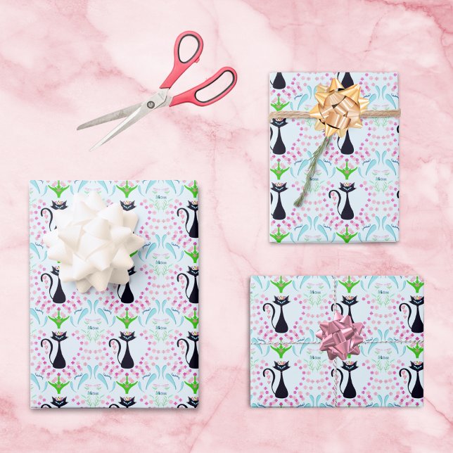 Retro Cat With Mum Hearts And Flowers Wrapping Paper Sheet (Creator Uploaded)