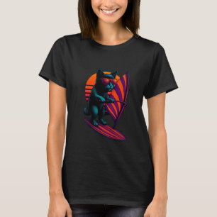 Retro Cat With Striped Sail Wind Surfing Surfer T-Shirt