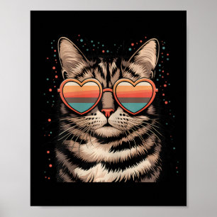 Retro Cat With Sungles Heart Love Cute Cat Valenti Poster
