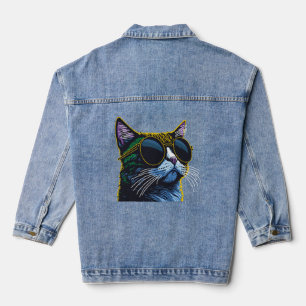 Retro Cat: Yellow Glasses Charm Denim Jacket