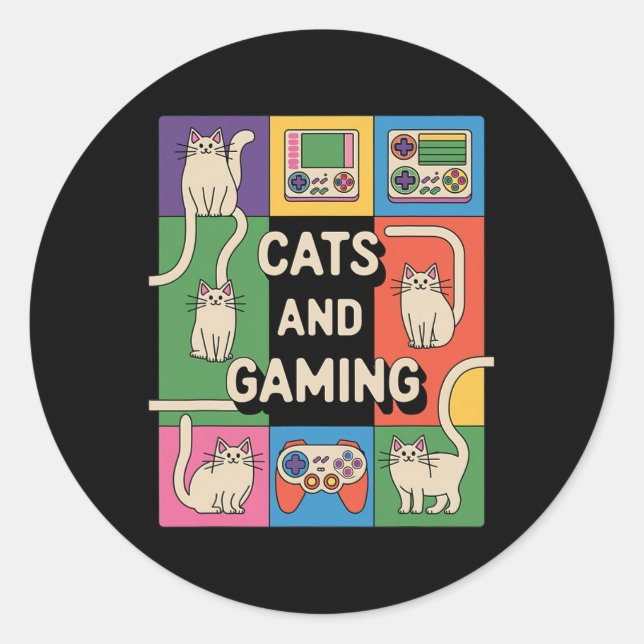 Retro Cats And Gaming Funny Cat Lover And Video Ga Classic Round Sticker (Front)