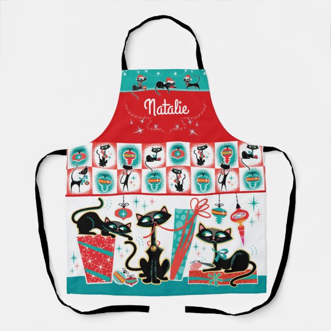 Retro Cats Christmas Apron- Customizable Apron (Front)
