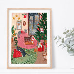 Retro cats home Christmas in New York city Poster<br><div class="desc">Cute retro Christmas illustration with cats around the Christmas tree,  looking presents,  laying on a chair with snow falling outside in New York city. Original artwork by Caroline Bonne Müller</div>