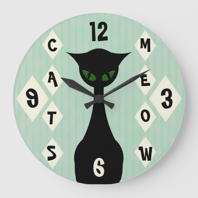 Retro Cats Meow Mid-Century-Modern Green Large Clock (Front)