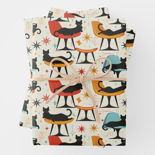 Retro Cats on Chair Pattern Wrapping Paper Sheet (In situ)