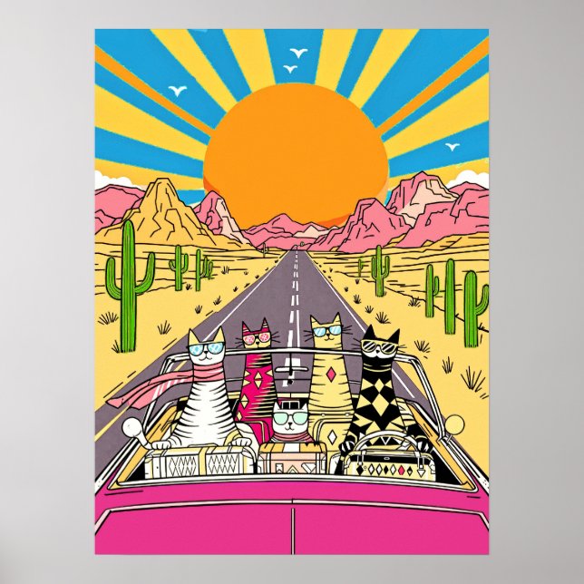 Retro Cats on Vacation Take a Road Trip Poster (Front)
