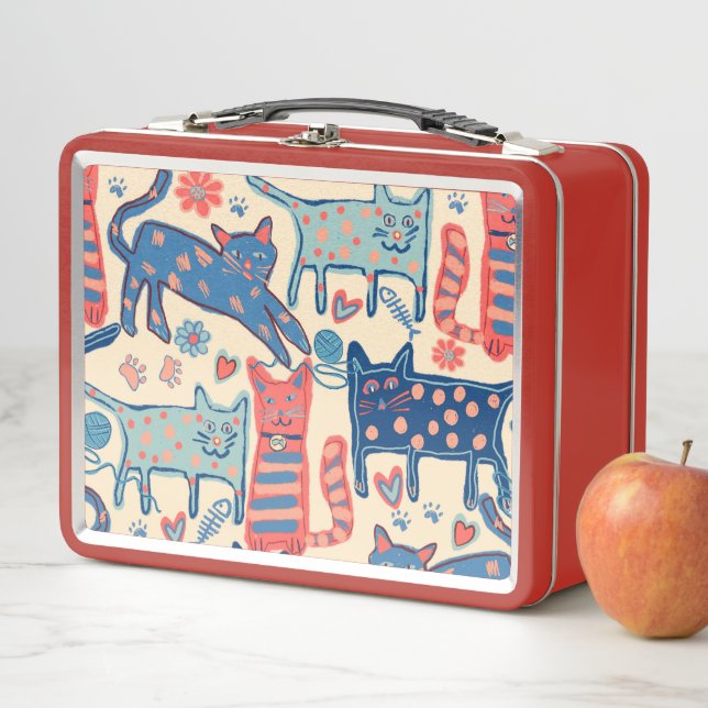 Retro Cats Print Metal Lunch Box (In Situ)