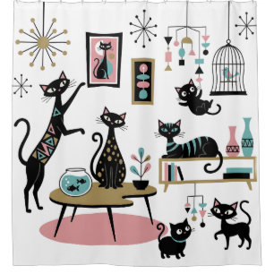 Retro Cats Vintage Mid Century Modern Atomic Cute Shower Curtain