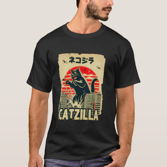 Retro Catzilla Tee - Hilarious Kitten & Cat Vintag (Front)