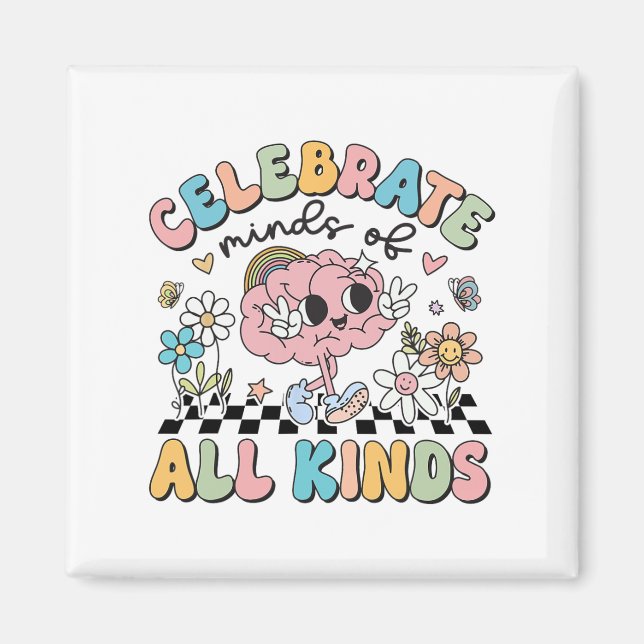 Retro Celebrate Minds Of All Kind Cute Brain Autis Magnet (Front)