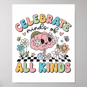 Retro Celebrate Minds Of All Kind Cute Brain Autis Poster