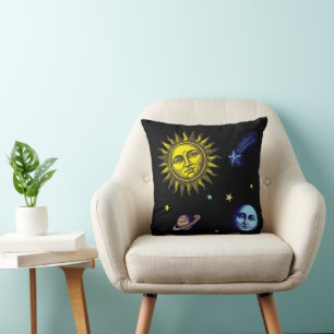 Retro Celestial Art Sun Moon Stars Planet Comet Cushion