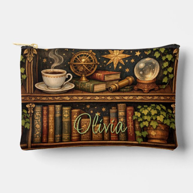Retro celestial bookshelf book coffee lover accessory pouch (Front)
