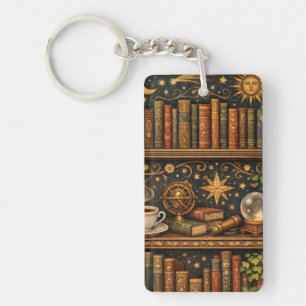 Retro celestial bookshelf book coffee lover key ring