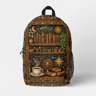 Retro celestial bookshelf book coffee lover printed backpack