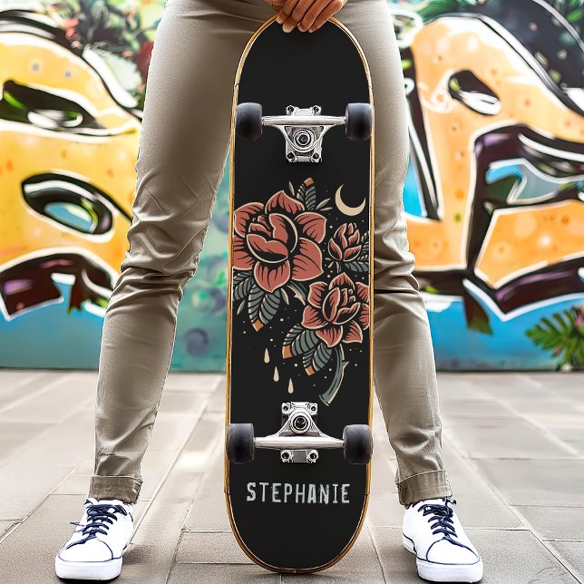 Retro Celestial Roses Tattoo Style Custom Name Skateboard (Creator Uploaded)