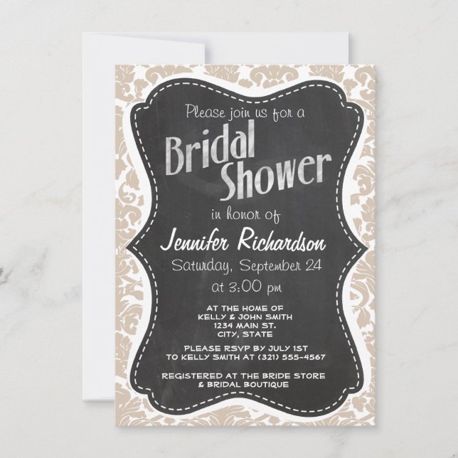 Retro Chalkboard Almond Colour Damask Pattern Invitation (Front)