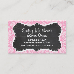 Retro Chalkboard Carnation Pink Damask Pattern Business Card