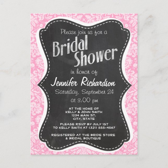 Retro Chalkboard Carnation Pink Damask Pattern Invitation Postcard (Front)