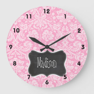 Retro Chalkboard Carnation Pink Damask Pattern Large Clock