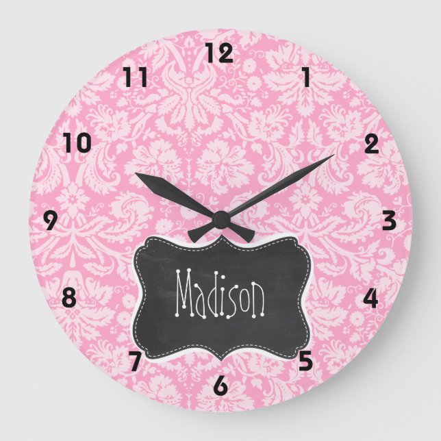 Retro Chalkboard Carnation Pink Damask Pattern Large Clock (Front)