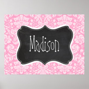Retro Chalkboard Carnation Pink Damask Pattern Poster