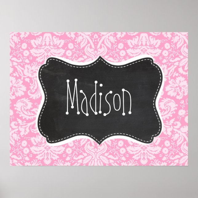 Retro Chalkboard Carnation Pink Damask Pattern Poster (Front)