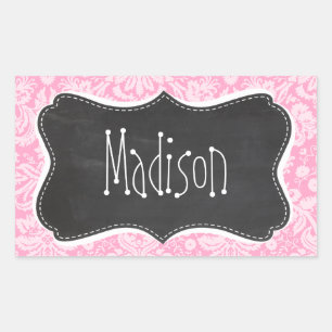 Retro Chalkboard Carnation Pink Damask Pattern Rectangular Sticker