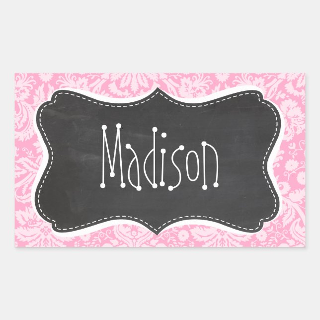 Retro Chalkboard Carnation Pink Damask Pattern Rectangular Sticker (Front)