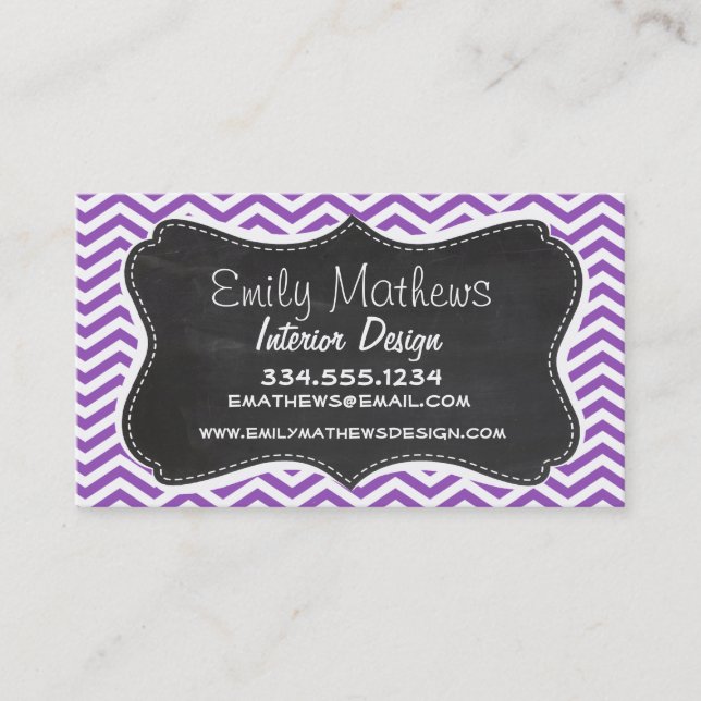 Retro Chalkboard; Deep Lilac Chevron Business Card (Front)