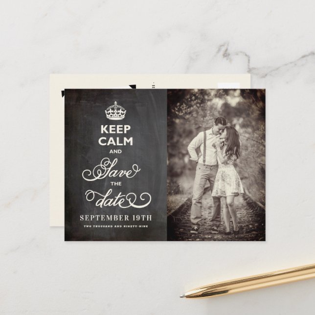Retro Chalkboard Keep Calm And Save The Date Funny Announcement Postcard (Front/Back In Situ)
