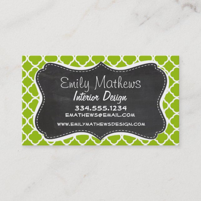 Retro Chalkboard look; Apple Green Quatrefoil Business Card (Front)
