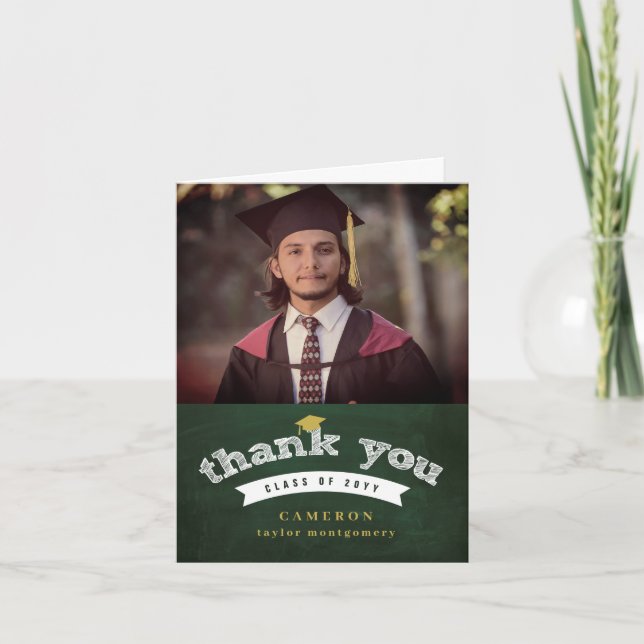 Retro Chalkboard Sketch Photo Graduation Cap Grad Thank You Card (Front)