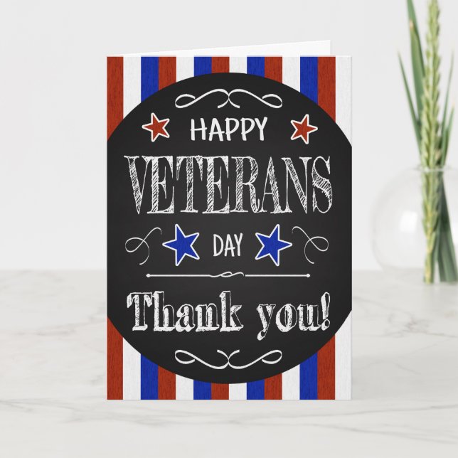 Retro Chalkboard Veterans Day w/ Stars and Stripes Card (Front)