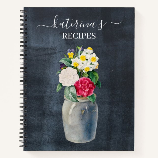 Retro Chalkboard Watercolor Wildflowers Recipe Notebook (Front)