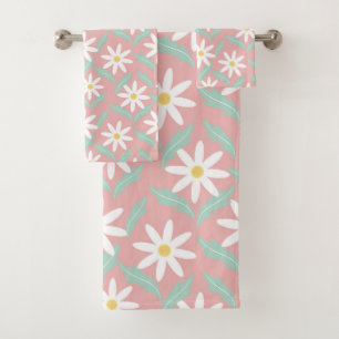 Retro Chamomile Flower Pattern Pink Teal Design Bath Towel Set