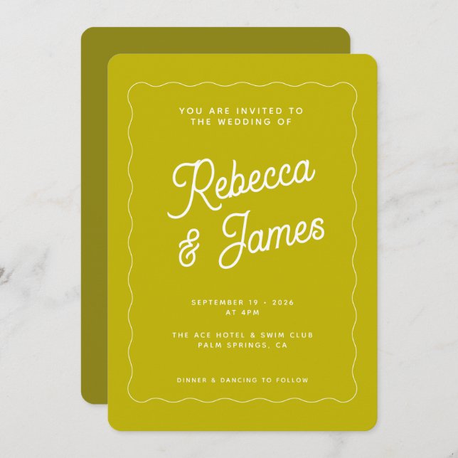 Retro Chartreuse Green Bold Wave Frame Wedding Invitation (Front/Back)