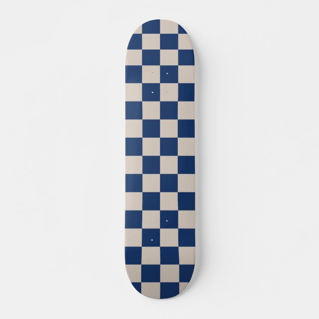 Retro Check Chequerboard Pattern in Blue and Beige Skateboard (Front)