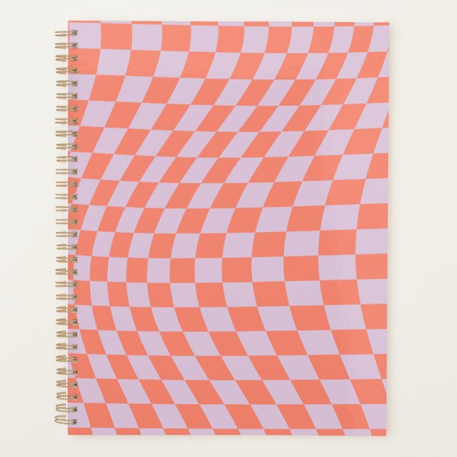 Retro Check Pattern Lilac And Orange Chequerboard Planner (Front)