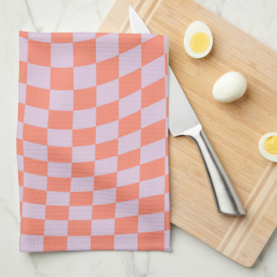 Retro Check Pattern Lilac And Orange Chequerboard Tea Towel