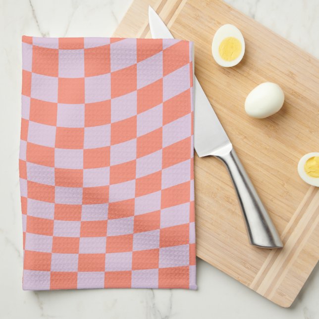 Retro Check Pattern Lilac And Orange Chequerboard Tea Towel (Quarter Fold)